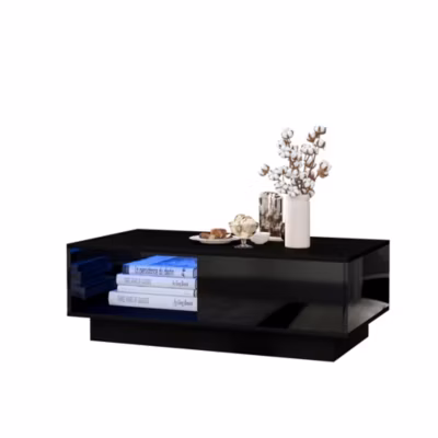 Table basse rectangulaire noire 95x55x32 cm. Finition brillante, LED 16 couleurs. Idéale pour salon et décoration intérieure.