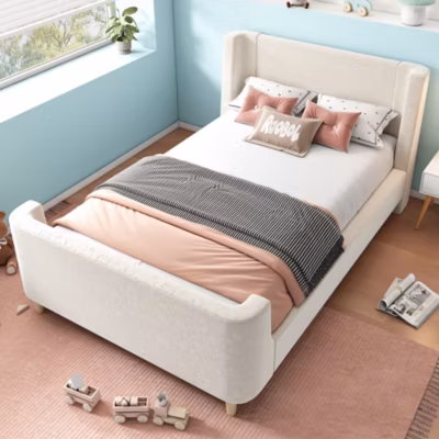Lit Enfant – Lit Simple avec Design Traîneau et Revêtement Velours Motif Espace – Structure Métal et Bois Beige – 90 x 200 cm