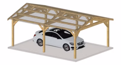 Carport  2 pentes, 550cm x 1050cm, bois DOUGLAS Français  (Charpente en bois-auvent-abri voiture),  58m². Garantie 10 ans
