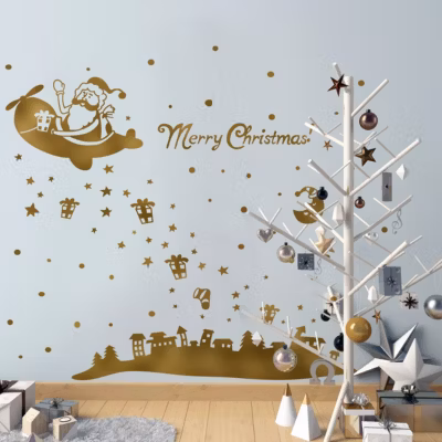 Sticker Ambiance merry christmas – 40x25cm – or – Autocollants adhésifs noël – décoration fêtes