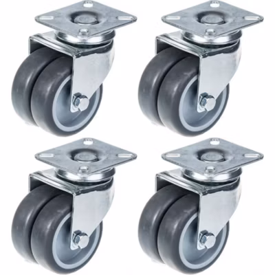 Roulettes doubles de 75 mm (3 pouces) à bandage caoutchouc gris, pivotantes, capacité de charge de 400 kg, lot de 4