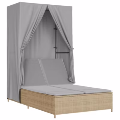 Chaise longue double avec toit et rideaux beige résine tressée vidaXL