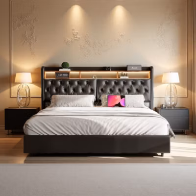 Lit double 180×200 cm enPolyuréthanenoir avec coffre à vérin, tête de lit LED, rangement pratique et ports USB EU intégrés