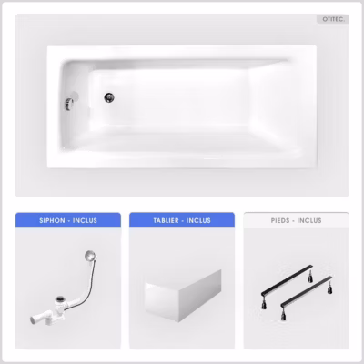 Baignoire rectangulaire – 140 x 70 cm – avec Tablier Blanc – Pieds – Vidage Chrome – TALIA