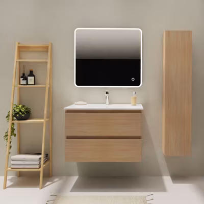 Meuble salle de bain 80 cm – Plan vasque céramique – Effet chêne sonoma – A suspendre – Karaib 2