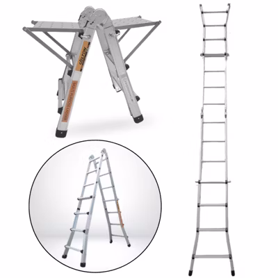 Échelle articulée pliante et télescopique en aluminium 4×3 marches 2,81m + 2 tablettes