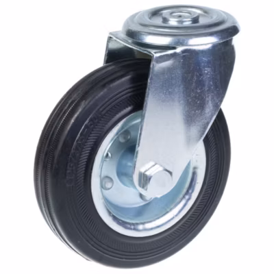 Roulette pivotante de 125 mm avec bande de roulement en caoutchouc noir sur une roue centrale en acier embouti