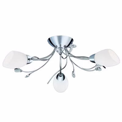 Searchlight Gardenia – Plafonnier semi-affleurant à 3 bras multiples, chrome, cristal et verre opale, E14