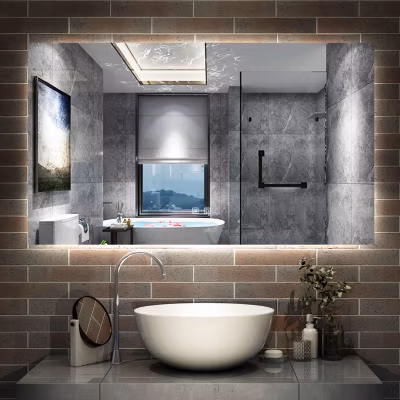 Miroir de salle de bain rétro-éclairé sans cadre 100x60cm, Tricolore + Anti-buée + Mémoire + Dimmable, AICA SANITAIRE