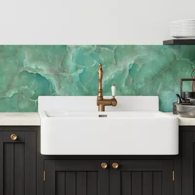 Crédence cuisine adhésive en vinyle imitation onyx vert, 200 x 40 cm, design raccordable