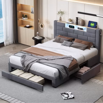 Lit coffre 140×200 cm en velours avec LED 7 couleurs, ports USB/Type-C, tiroirs et vérins hydrauliques, Gris