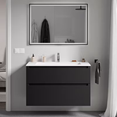 Meuble vasque suspendu MDF Noir mat, lavabo fonte Blanc mat + trou robinet, tiroirs pivotants – 100x46x62cm – VIREO