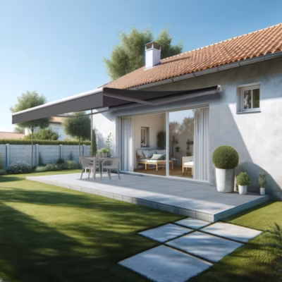 Store banne monobloc ESPAI 5,00×3,50m (Motorisé à interrupteur + manœuvre de secours – Gris Graphite – Blanc)
