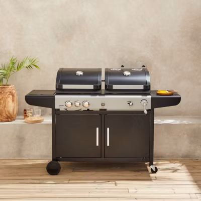 Barbecue 2 en 1 gaz et charbon – Marsac Noir –  3 brûleurs + 1 feu latéral. grilles en fonte. thermomètres
