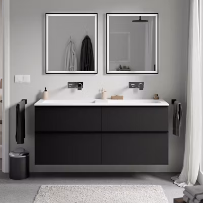 Meuble vasque suspendu MDF Noir mat, lavabo fonte Blanc mat sans trou robinet, poignée Chrome – 140x46x62cm – LAVOA