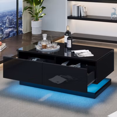 Table Basse Noir avec 2 Tiroirs et LED Contrôlées par Appli, Panneau de Particules, 90 x 50 x 38 cm