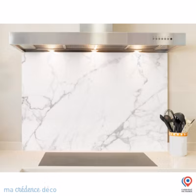 Crédence cuisine fond de hotte Marbre blanc 2 – Verre trempé – L 90 cm x H 60 cm – MaCrédenceDéco