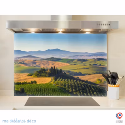 Crédence cuisine fond de hotte Toscane et paysage – Verre trempé – L 90 cm x H 50 cm – MaCrédenceDéco