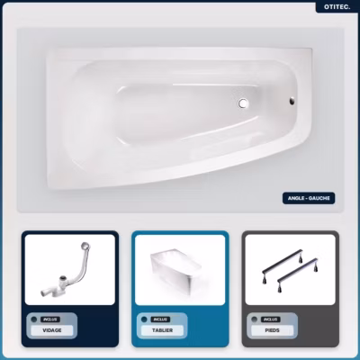 Baignoire asymétrique – 150 x 80 cm – Gauche – avec Tablier – Pieds – Vidage Chrome – LUNA