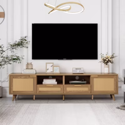 URBAN MEUBLE Meuble TV en rotin tressé pieds en bois massif
