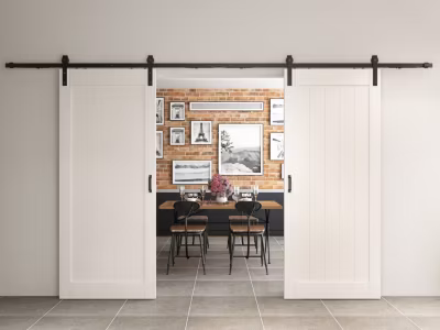 Porte coulissante complète Schulte – bois – 180x215cm – blanc – système ouvert noir