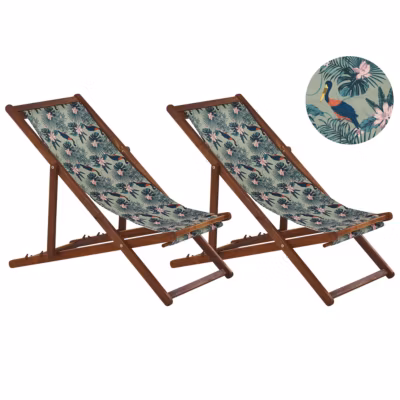 Lot de 2 chiliennes pliantes ANZIO avec tissus de remplacement Motif animal Acacia Marron foncé