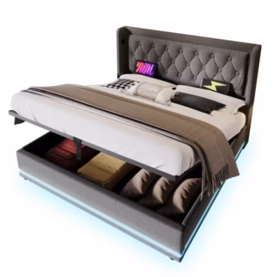 Canapé-lit 180×200 cm avec rangement hydraulique, tête capitonnée, LED 3 côtés et USB C, tissu coton gris
