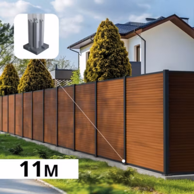Kit Clôture Composite SANTOS Teck 11×1,8m – Bois composite & Aluminium – Poteaux sur Platines Gris – Brise vue – Palissade