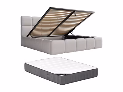 Lit coffre 160 x 200cm – Tissu chiné – Gris clair + Matelas – DAMADO