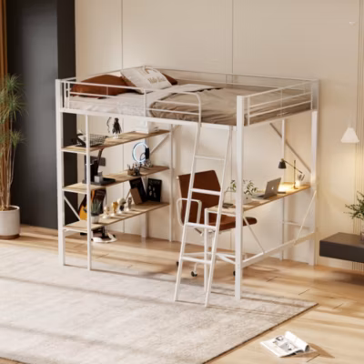 Lit mezzanine 90×200 cm – Lit avec bureau intégré – Structure métal – Sans matelas – Blanc