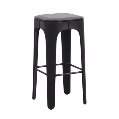 Tabouret structure noire en résine, assise en bois foncé   Hauteur 72,5 cm