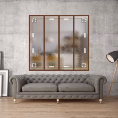 Verrière 4 verres Mackintosh – L x H : 135 x 125 cm – Laqué brun 2650 granité – verre Sahara inclus