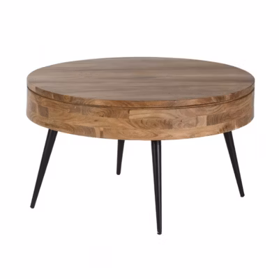 BONAA – Table Basse Ronde 90cm Bois d&rsquo;Acacia Pieds Métal Noir