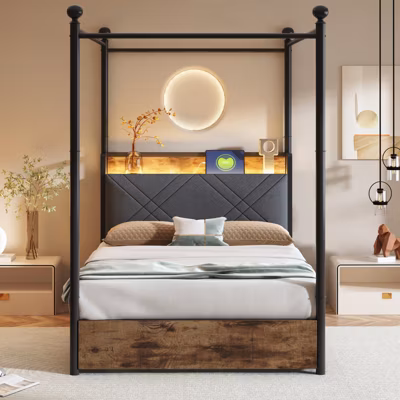 Lit simple 90×190 cm en fer forgé avec baldaquin, 2 tiroirs, LED et ports USB/Type-C, lit multifonction pour adolescents