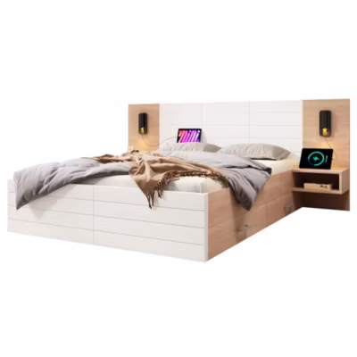Lit 140×200 cm avec tiroirs de rangement et tête de lit liseuse, cadre bois massif et MDF, design moderne et fonctionnel