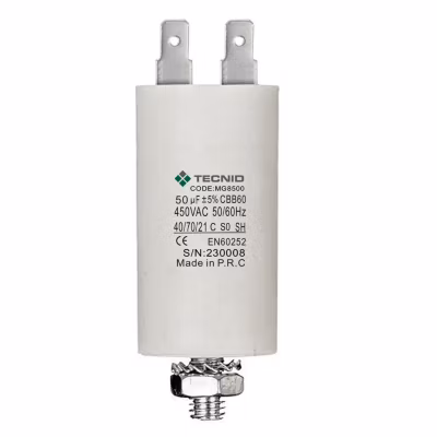 Condensateur de démarrage pour moteurs électriques, 450V, capacité : 50 microfarad, 4 broches / M8