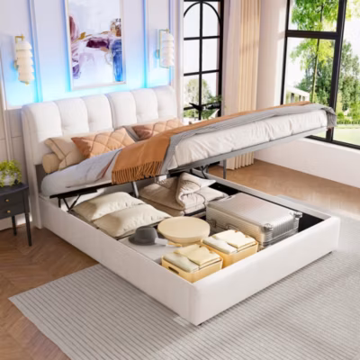 Lit double, lit coffre 160×200 cm en velours avec rangement, LED ambiance 7 couleurs et tête de lit capitonnée, Blanc cassé