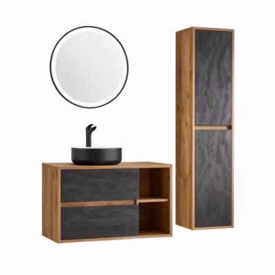 Ensemble de salle de bain GABI  Meuble sous vasque 100 cm et vasque ronde noire et blanche et miroir LED rond et colonne