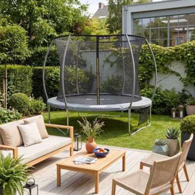 Trampoline D. 305cm – Mars Inner XXL- trampoline de jardin gris avec filet de protection intérieur. échelle. bâche. filet pour
