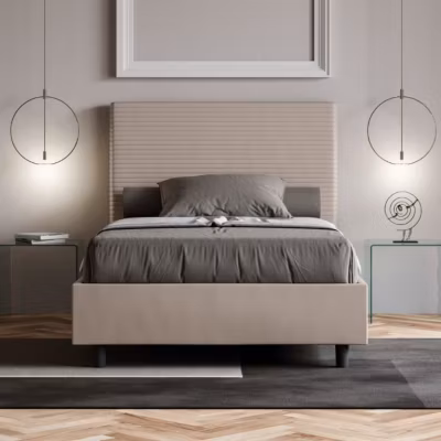 Lit sans sommier simili cuir gris tourterelle Focus capitonné 140×200