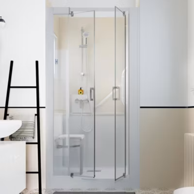 Cabine de douche Kinedo Kinemagic Design 120×80 niche mixte 2 portes pivotantes transparent thermostatique