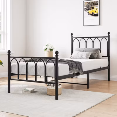 Cadre métal vintage 90×200 cm, rangement sous lit, lattes acier – noir