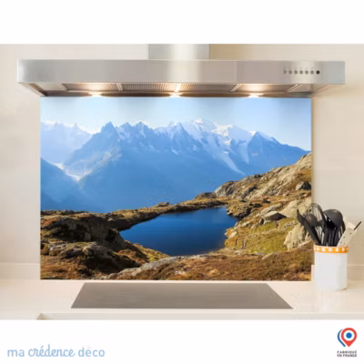 Crédence cuisine fond de hotte Lac et Mont Blanc 3 – Verre trempé – L 60 cm x H 45 cm – MaCrédenceDéco