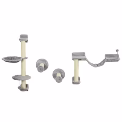 Mur d&rsquo;escalade pour chat – arbre à chat design mural – griffoirs, plateformes, panier, hamac, jeux boules – gris