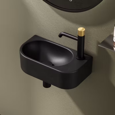 EMKE Lavabo de Salle de Bain 400 x 215 x 120 mm, Vasque en Céramique avec Coins Arrondis, Trou pour Robinet à Gauche, Noir Mat
