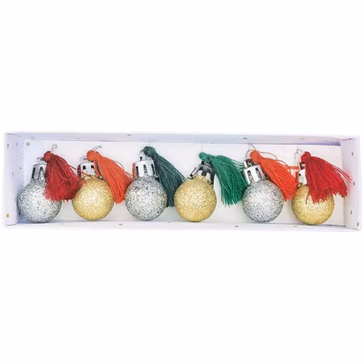 6 mini boules de Noël à paillettes et pompons rouge et vert