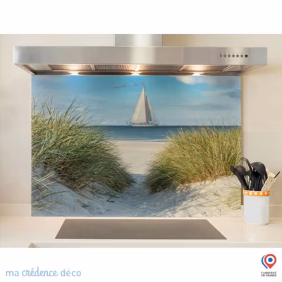 Crédence cuisine fond de hotte Dunes et plage mer – Alu composite – L 90 cm x H 70 cm – MaCrédenceDéco