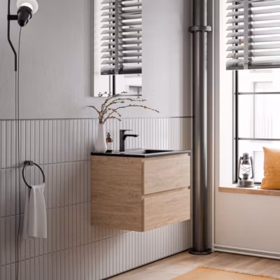 Meuble vasque suspendu MDF Chêne miel, lavabos Noir mat + trou robinet trop plein & Bonde – 60x46x50cm – AVA