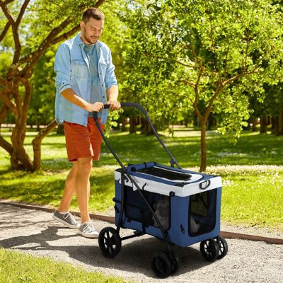 PawHut Chariot pour chien 2 en 1 bleu, panier amovible, pliable, avec laisses de sécurité, petit chien