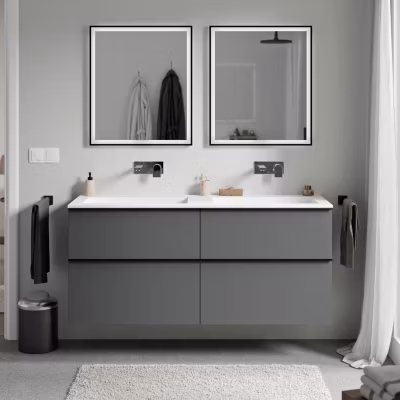 Meuble vasque suspendu MDF Anthracite mat, lavabo fonte Blanc mat sans trou robinet, poignée Chrome – 120x46x62cm – LAVOA